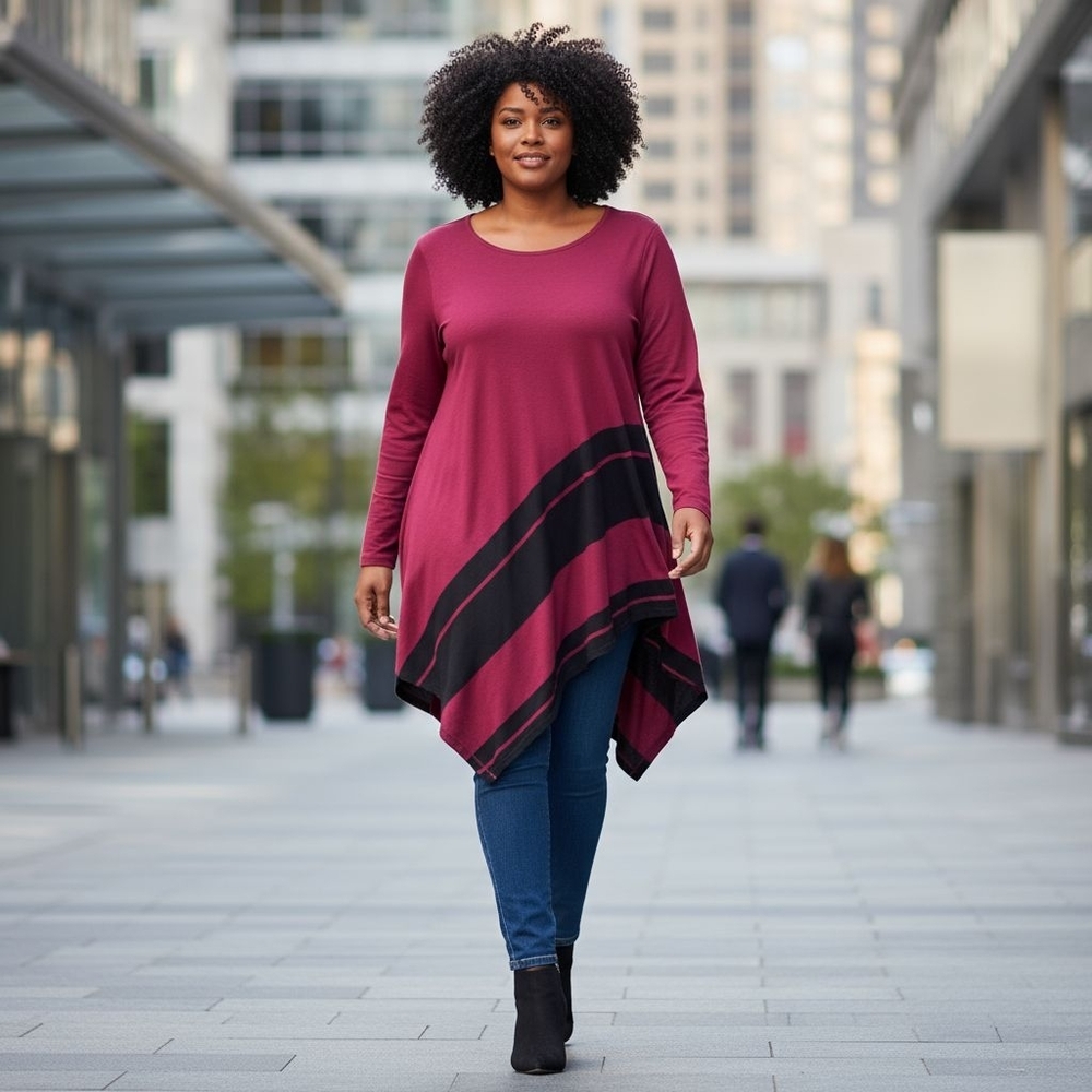 Alfani Sweater Asymmetrical Hem Striped Plus Size 2X Wine Red Black Long Sleeve